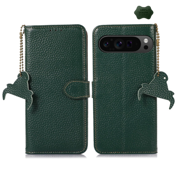 For Google Pixel 10 Pro / 9 Pro Genuine Leather Litchi Texture RFID Leather Phone Case(Green)