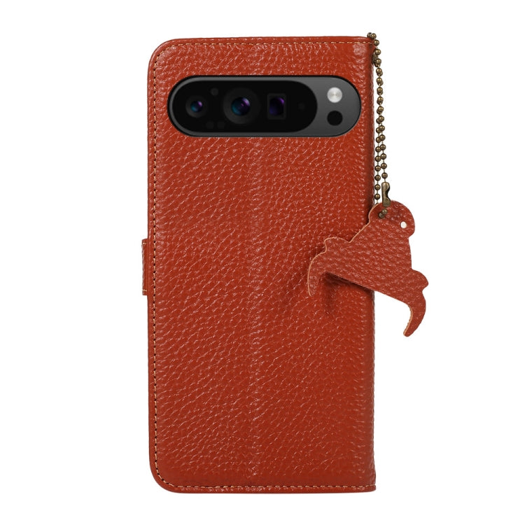 For Google Pixel 9 Pro Genuine Leather Litchi Texture RFID Leather Phone Case(Coffee)