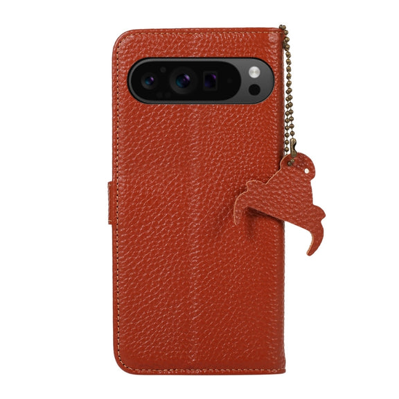 For Google Pixel 9 Pro Genuine Leather Litchi Texture RFID Leather Phone Case(Coffee)