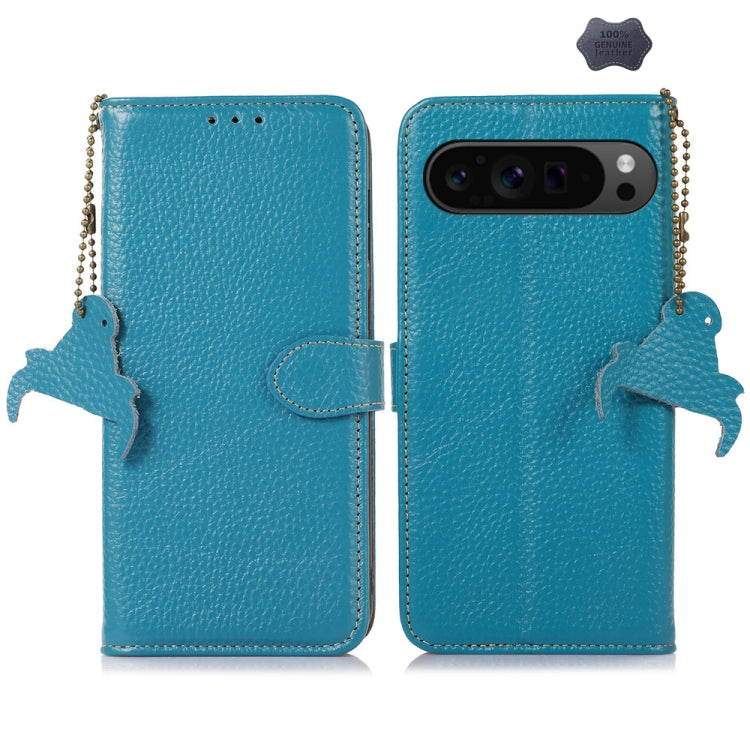 For Google Pixel 10 Pro / 9 Pro Genuine Leather Litchi Texture RFID Leather Phone Case(Blue)
