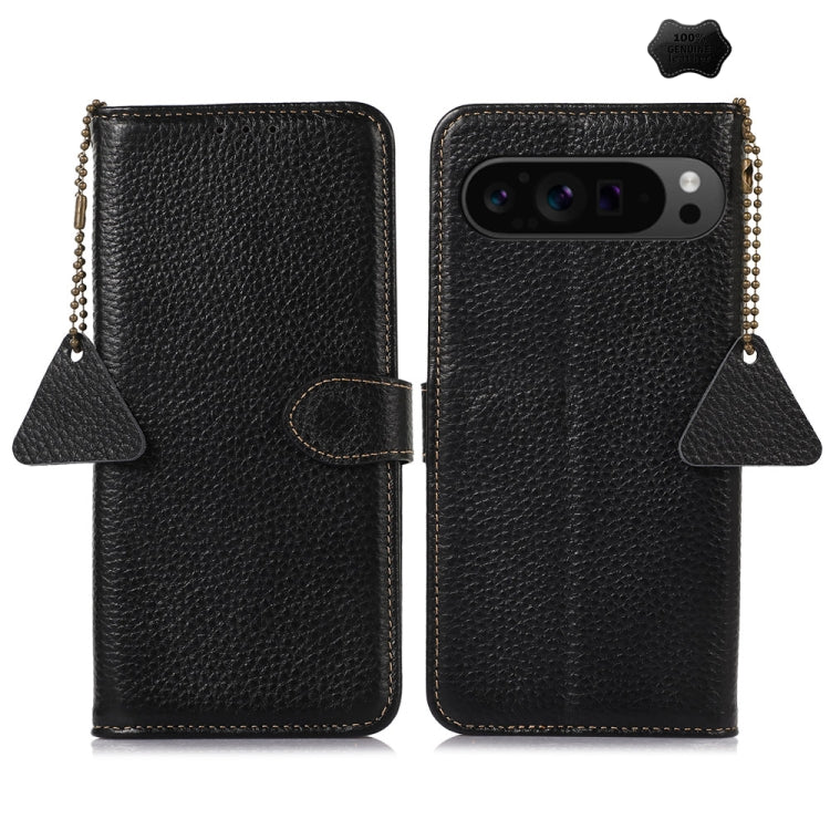 For Google Pixel 9 Pro Genuine Leather Litchi Texture RFID Leather Phone Case(Black)