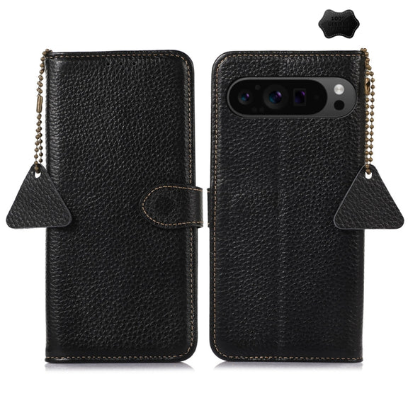 For Google Pixel 9 Pro Genuine Leather Litchi Texture RFID Leather Phone Case(Black)