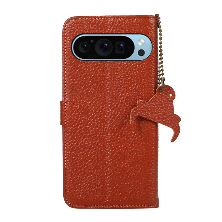 For Google Pixel 9 Genuine Leather Litchi Texture RFID Leather Phone Case(Coffee)