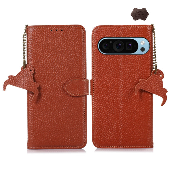 For Google Pixel 9 Genuine Leather Litchi Texture RFID Leather Phone Case(Coffee)