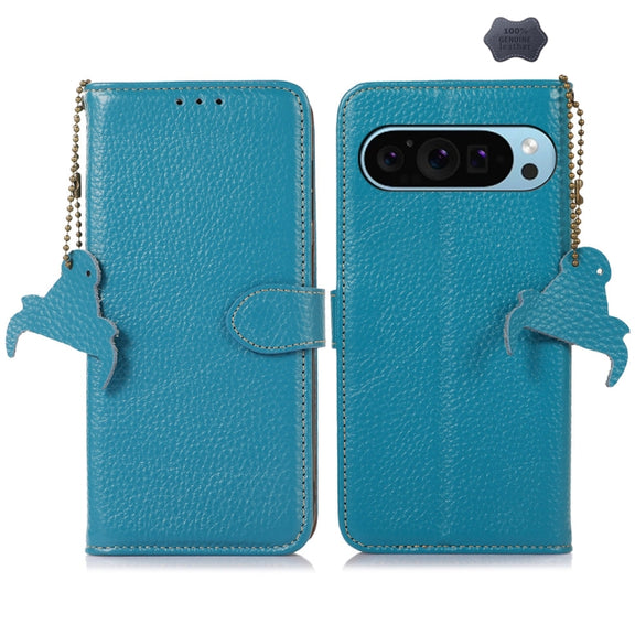For Google Pixel 10 / 9 Genuine Leather Litchi Texture RFID Leather Phone Case(Blue)