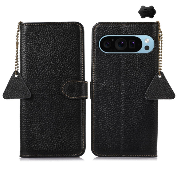 For Google Pixel 10 / 9 Genuine Leather Litchi Texture RFID Leather Phone Case(Black)