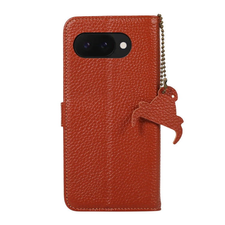For Google Pixel 9a Genuine Leather Litchi Texture RFID Leather Phone Case(Coffee)