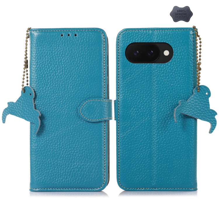 For Google Pixel 9a Genuine Leather Litchi Texture RFID Leather Phone Case(Blue)
