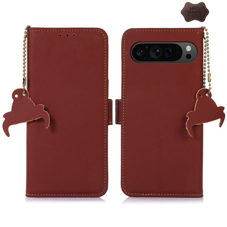 For Google Pixel 9 Genuine Leather Magnetic RFID Leather Phone Case(Coffee)