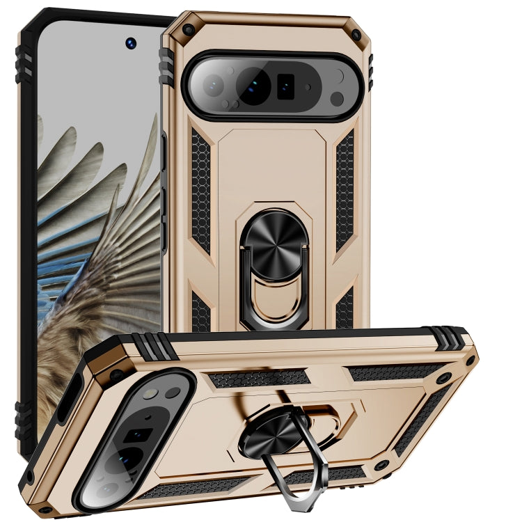 For Google Pixel 9 Pro Shockproof TPU + PC Phone Case with Holder(Gold)
