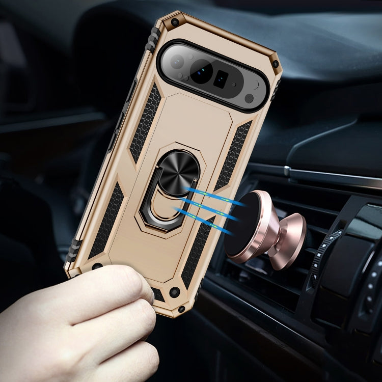 For Google Pixel 9 Pro Shockproof TPU + PC Phone Case with Holder(Gold)