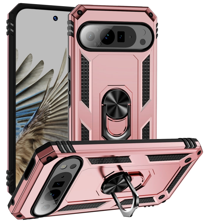 For Google Pixel 9 Pro Shockproof TPU + PC Phone Case with Holder(Rose Gold)