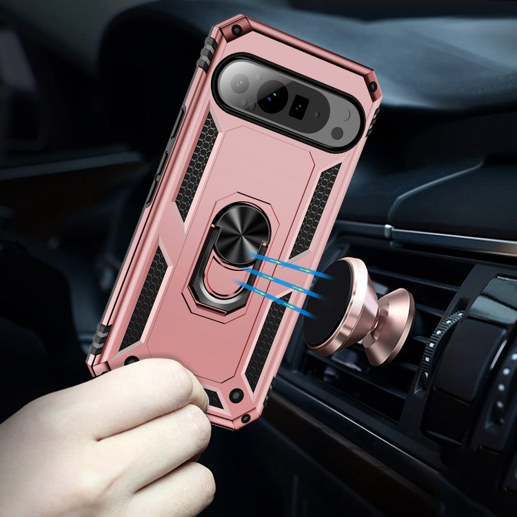 For Google Pixel 9 Pro Shockproof TPU + PC Phone Case with Holder(Rose Gold)