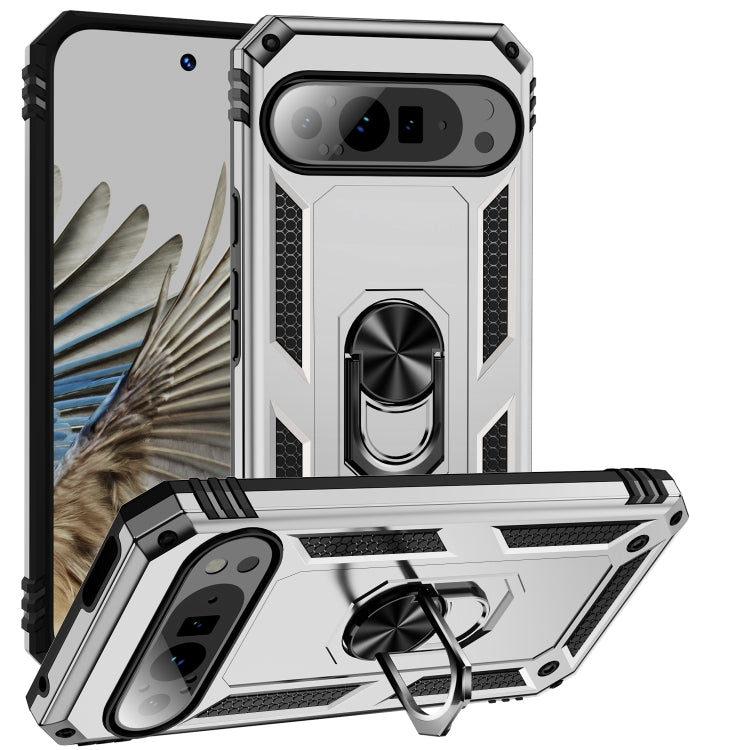For Google Pixel 9 Pro Shockproof TPU + PC Phone Case with Holder(Silver)
