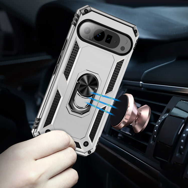 For Google Pixel 9 Pro Shockproof TPU + PC Phone Case with Holder(Silver)