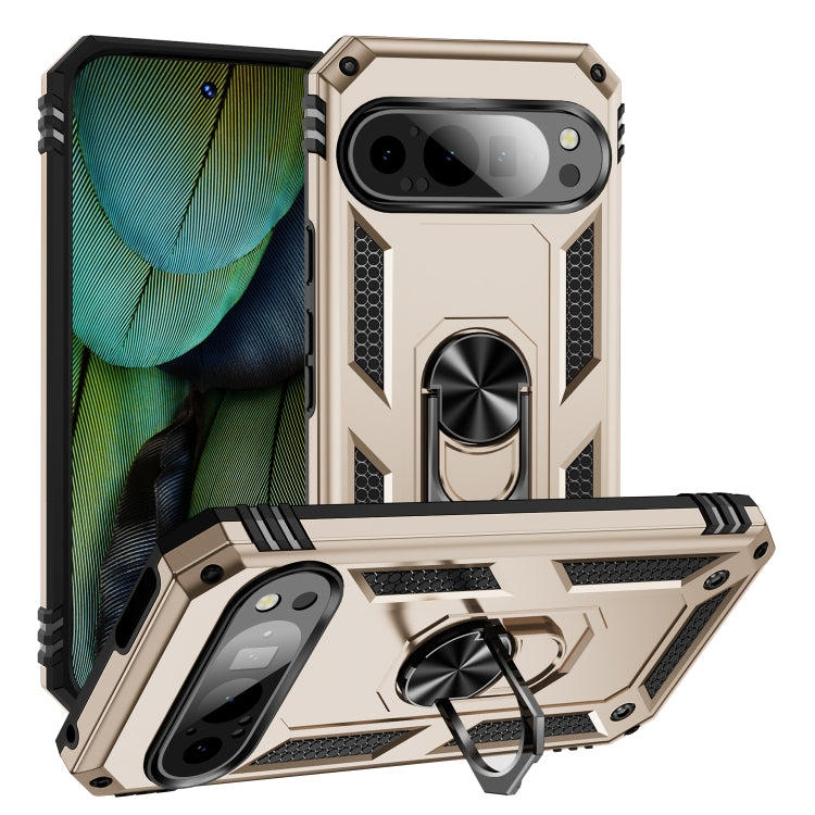 For Google Pixel 9 Shockproof TPU + PC Phone Case with Holder(Gold)