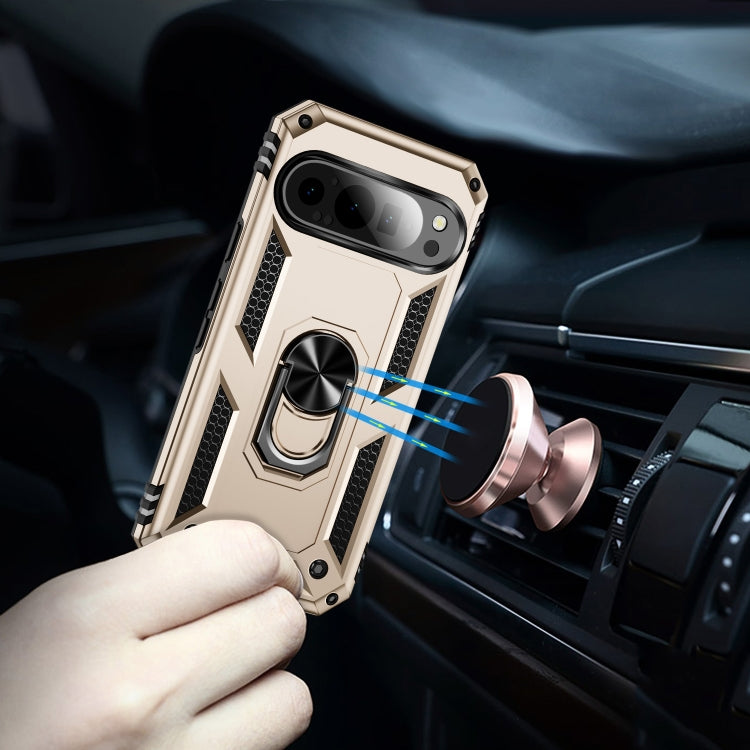 For Google Pixel 9 Shockproof TPU + PC Phone Case with Holder(Gold)