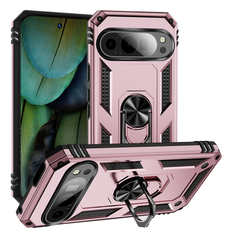 For Google Pixel 9 Shockproof TPU + PC Phone Case with Holder(Rose Gold)