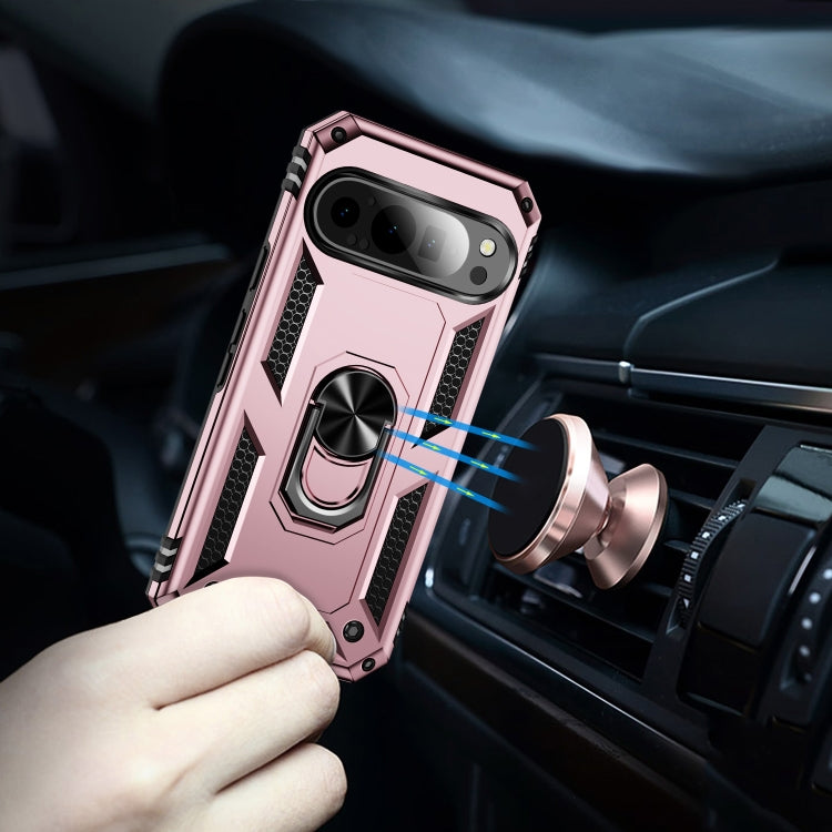 For Google Pixel 9 Shockproof TPU + PC Phone Case with Holder(Rose Gold)