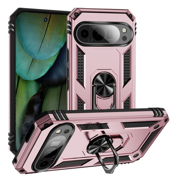 For Google Pixel 9 Shockproof TPU + PC Phone Case with Holder(Rose Gold)