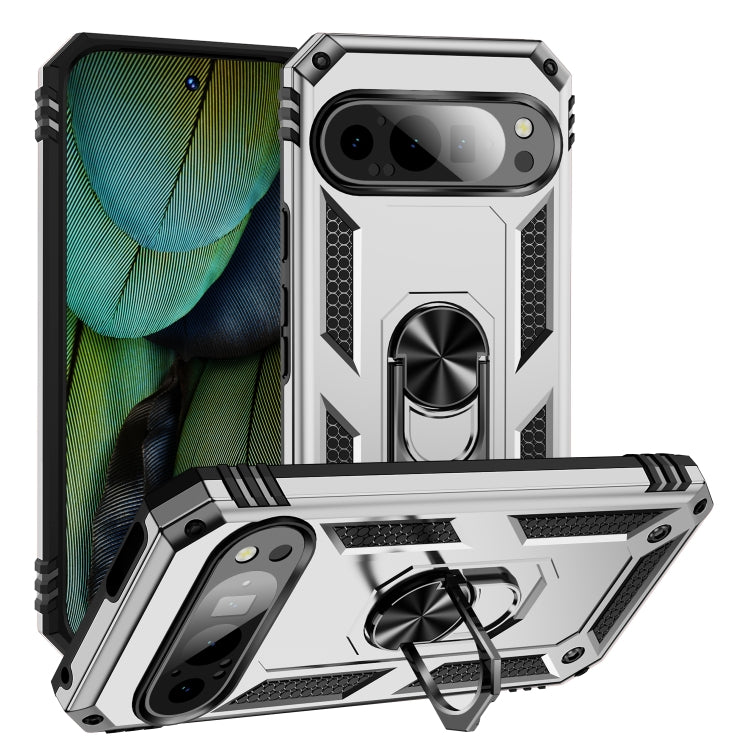 For Google Pixel 9 Shockproof TPU + PC Phone Case with Holder(Silver)
