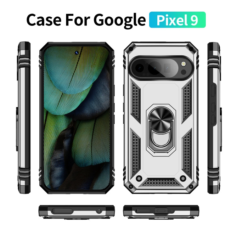 For Google Pixel 9 Shockproof TPU + PC Phone Case with Holder(Silver)