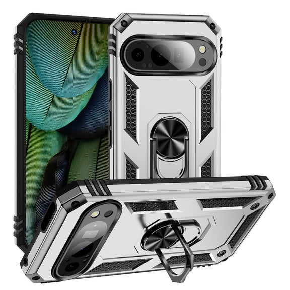 For Google Pixel 9 Shockproof TPU + PC Phone Case with Holder(Silver)