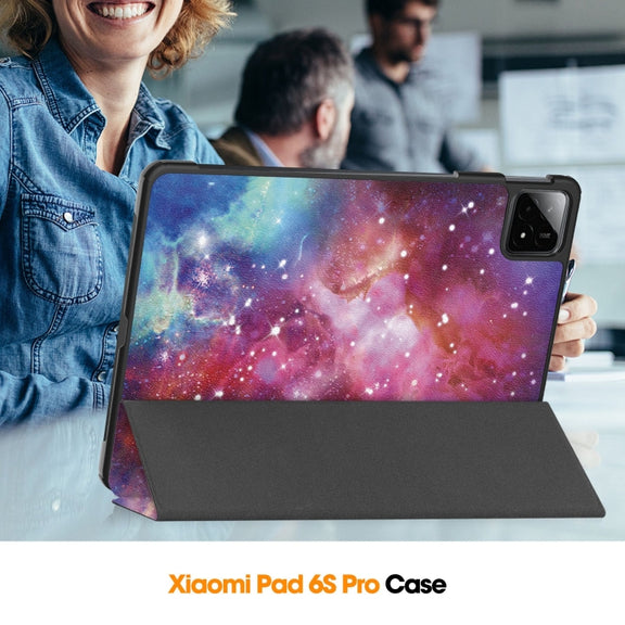 For Xiaomi Pad 6S Pro Custer Painted 3-Fold Holder Smart Leather Tablet Case(Milky Way Nebula)