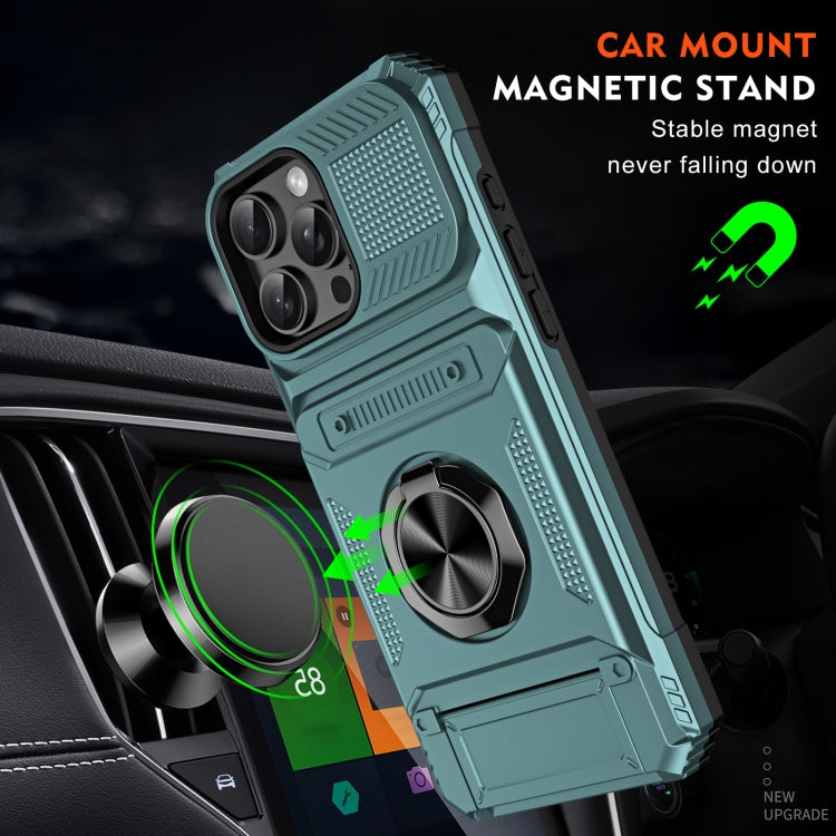 For iPhone 16 TPU+PC Shockproof Card Phone Case with Metal Ring Holder(Green)