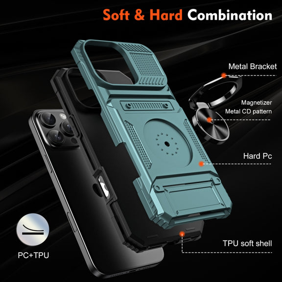 For iPhone 16 TPU+PC Shockproof Card Phone Case with Metal Ring Holder(Green)