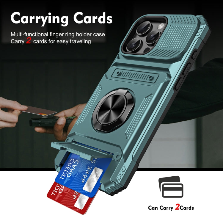 For iPhone 16 TPU+PC Shockproof Card Phone Case with Metal Ring Holder(Green)