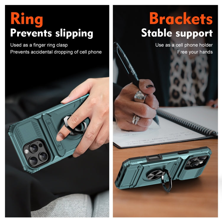 For iPhone 16 TPU+PC Shockproof Card Phone Case with Metal Ring Holder(Green)