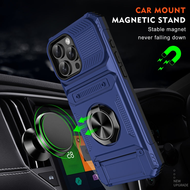 For iPhone 16 Plus TPU+PC Shockproof Card Phone Case with Metal Ring Holder(Blue)