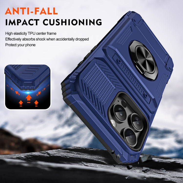 For iPhone 16 Plus TPU+PC Shockproof Card Phone Case with Metal Ring Holder(Blue)