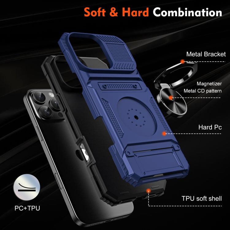 For iPhone 16 Plus TPU+PC Shockproof Card Phone Case with Metal Ring Holder(Blue)
