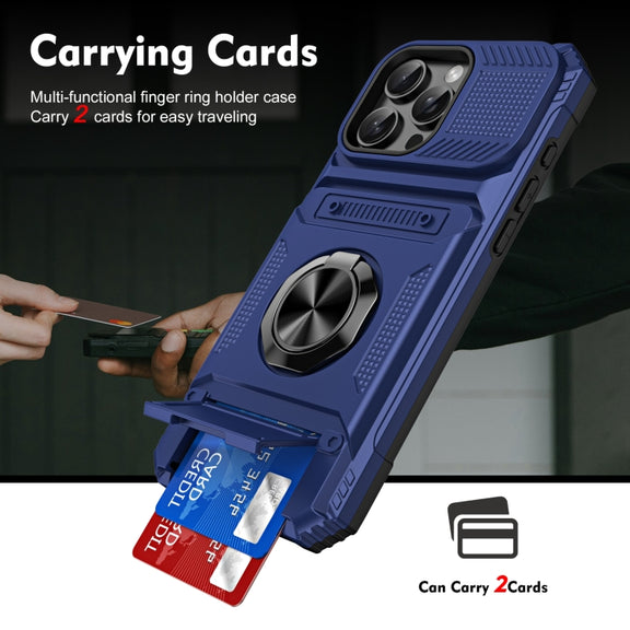 For iPhone 16 Plus TPU+PC Shockproof Card Phone Case with Metal Ring Holder(Blue)
