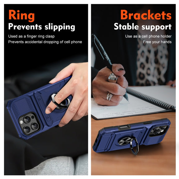 For iPhone 16 Plus TPU+PC Shockproof Card Phone Case with Metal Ring Holder(Blue)