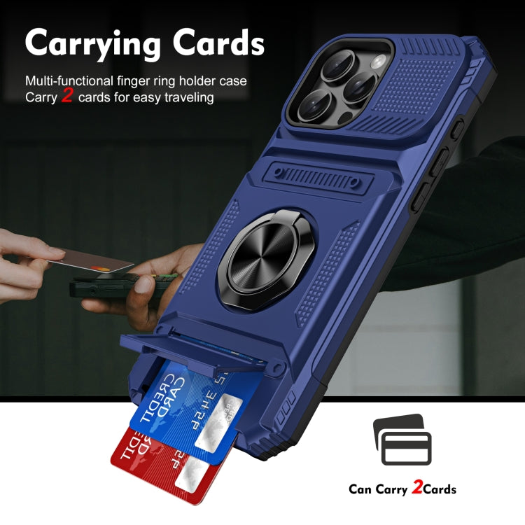 For iPhone 16 Pro TPU+PC Shockproof Card Phone Case with Metal Ring Holder(Blue)
