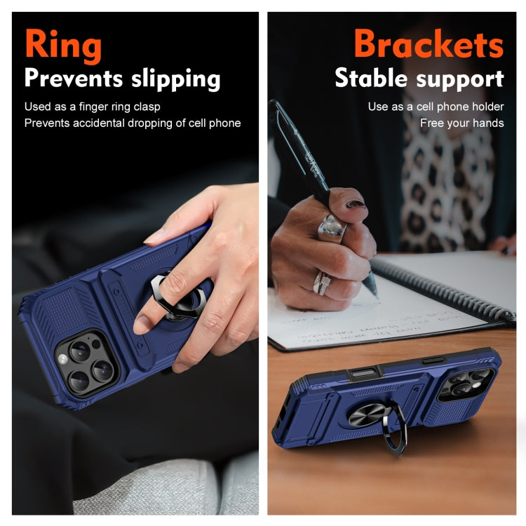 For iPhone 16 Pro TPU+PC Shockproof Card Phone Case with Metal Ring Holder(Blue)