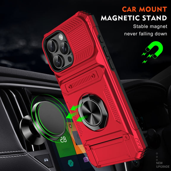 For iPhone 16 Pro Max TPU+PC Shockproof Card Phone Case with Metal Ring Holder(Red)
