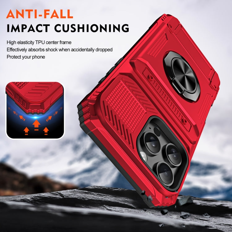 For iPhone 16 Pro Max TPU+PC Shockproof Card Phone Case with Metal Ring Holder(Red)