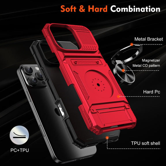 For iPhone 16 Pro Max TPU+PC Shockproof Card Phone Case with Metal Ring Holder(Red)