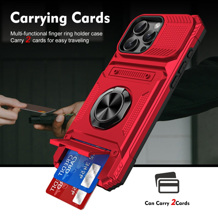 For iPhone 16 Pro Max TPU+PC Shockproof Card Phone Case with Metal Ring Holder(Red)