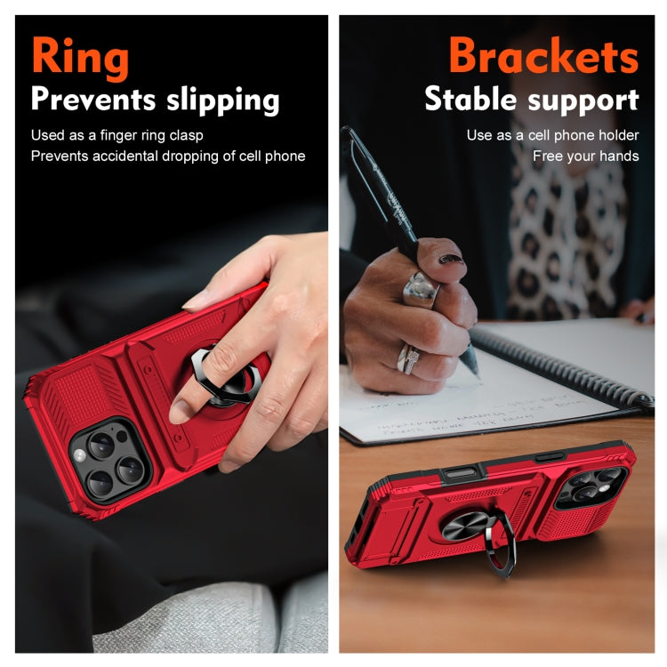 For iPhone 16 Pro Max TPU+PC Shockproof Card Phone Case with Metal Ring Holder(Red)