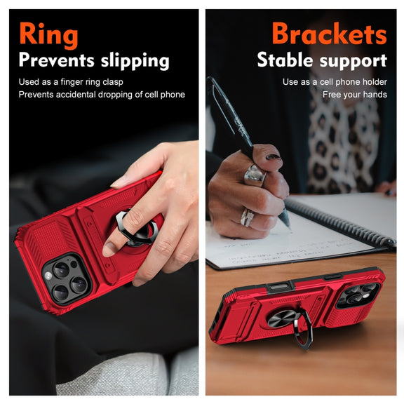 For iPhone 16 Pro Max TPU+PC Shockproof Card Phone Case with Metal Ring Holder(Red)