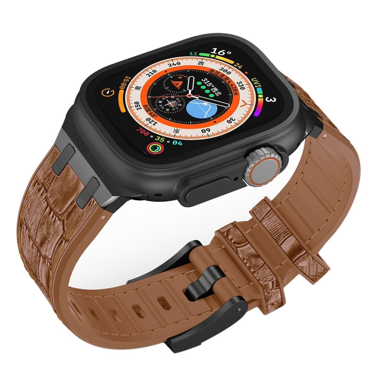 For Apple Watch SE 2023 44mm Crocodile Texture Liquid Silicone Watch Band(Black Yellow Brown)