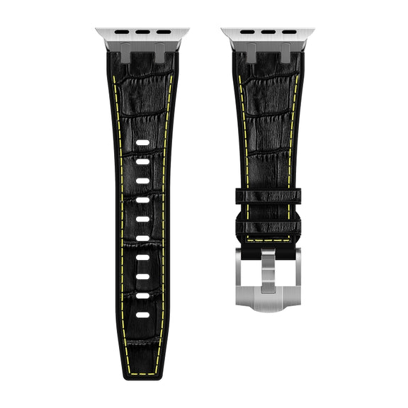 For Apple Watch Ultra 2 49mm Crocodile Texture Liquid Silicone Watch Band(Silver Yellow Black)