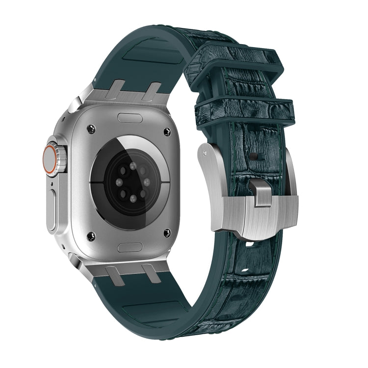 For Apple Watch Ultra 2 49mm Crocodile Texture Liquid Silicone Watch Band(Silver Deep Green)