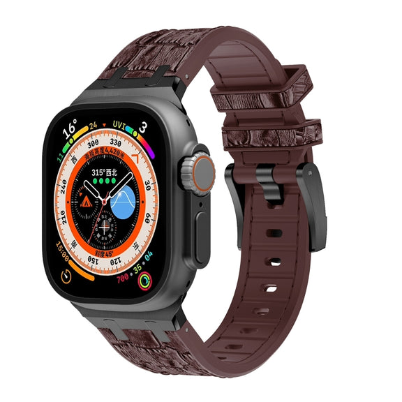 For Apple Watch Ultra 49mm Crocodile Texture Liquid Silicone Watch Band(Black Dark Brown)