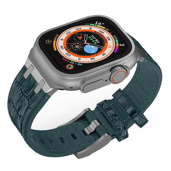 For Apple Watch Series 7 41mm Crocodile Texture Liquid Silicone Watch Band(Silver Deep Green)
